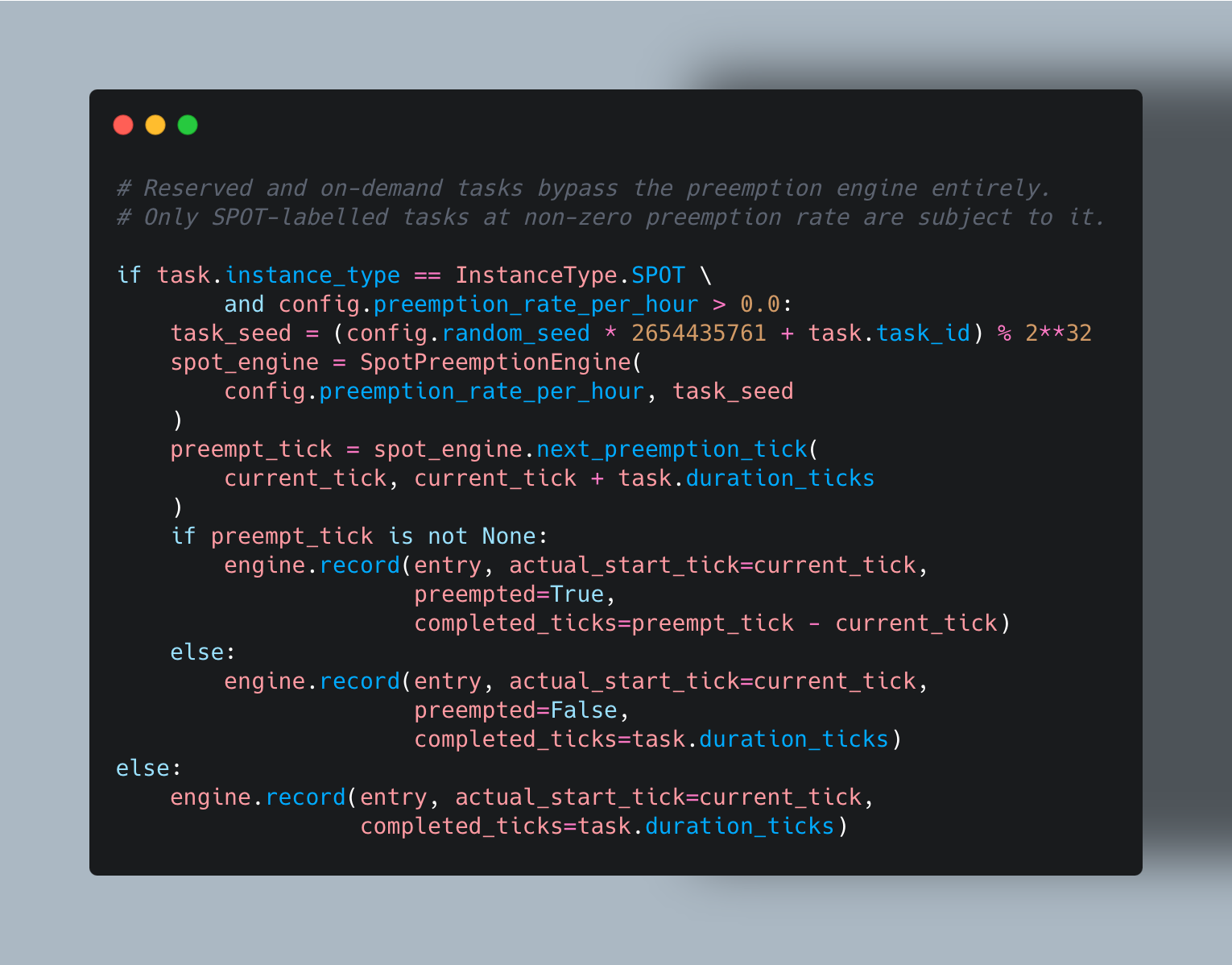 Code snippet showing the simulator's spot instance dispatch branch
