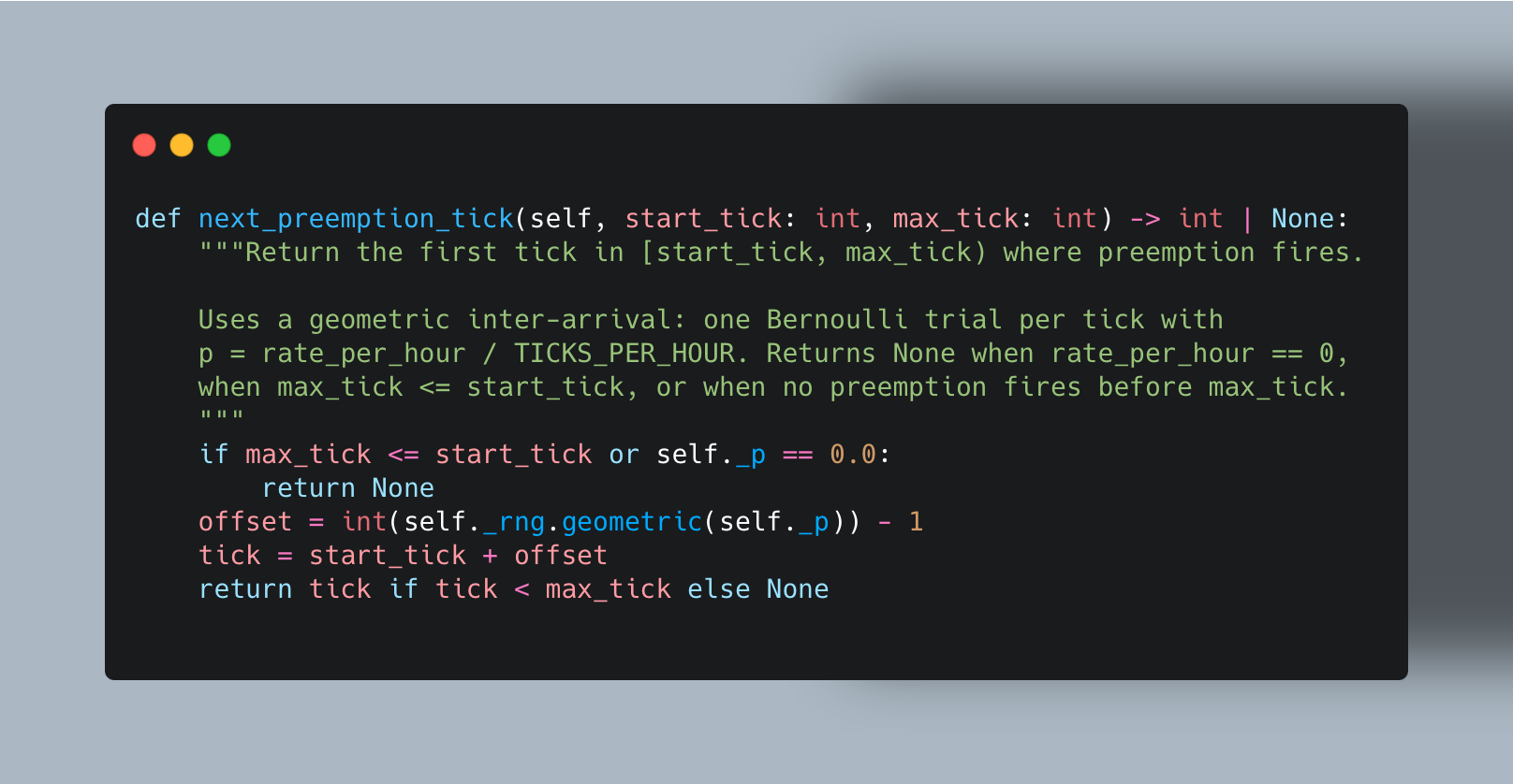 Code snippet showing the spot preemption engine with stochastic interruption logic